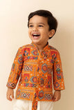 Casual Orange Multicolor Patchwork-Style Kurta with Cream Dhoti Set