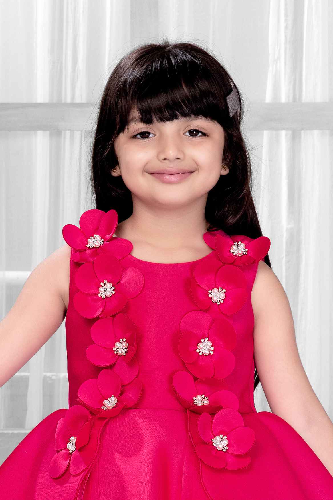 Rani Pink Floral Embellished Party Wear Tailback Frock For Girls