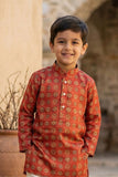 Red Ethnic Printed Kurta with Cream Pyjama Set For Boys