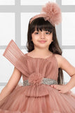 Dusty Pink Shimmer Party Gown with Dramatic Ruffles And Bow Accent For Girls