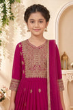 Rani Pink Embroidered Anarkali Ethnic Gown with Dupatta For Girls