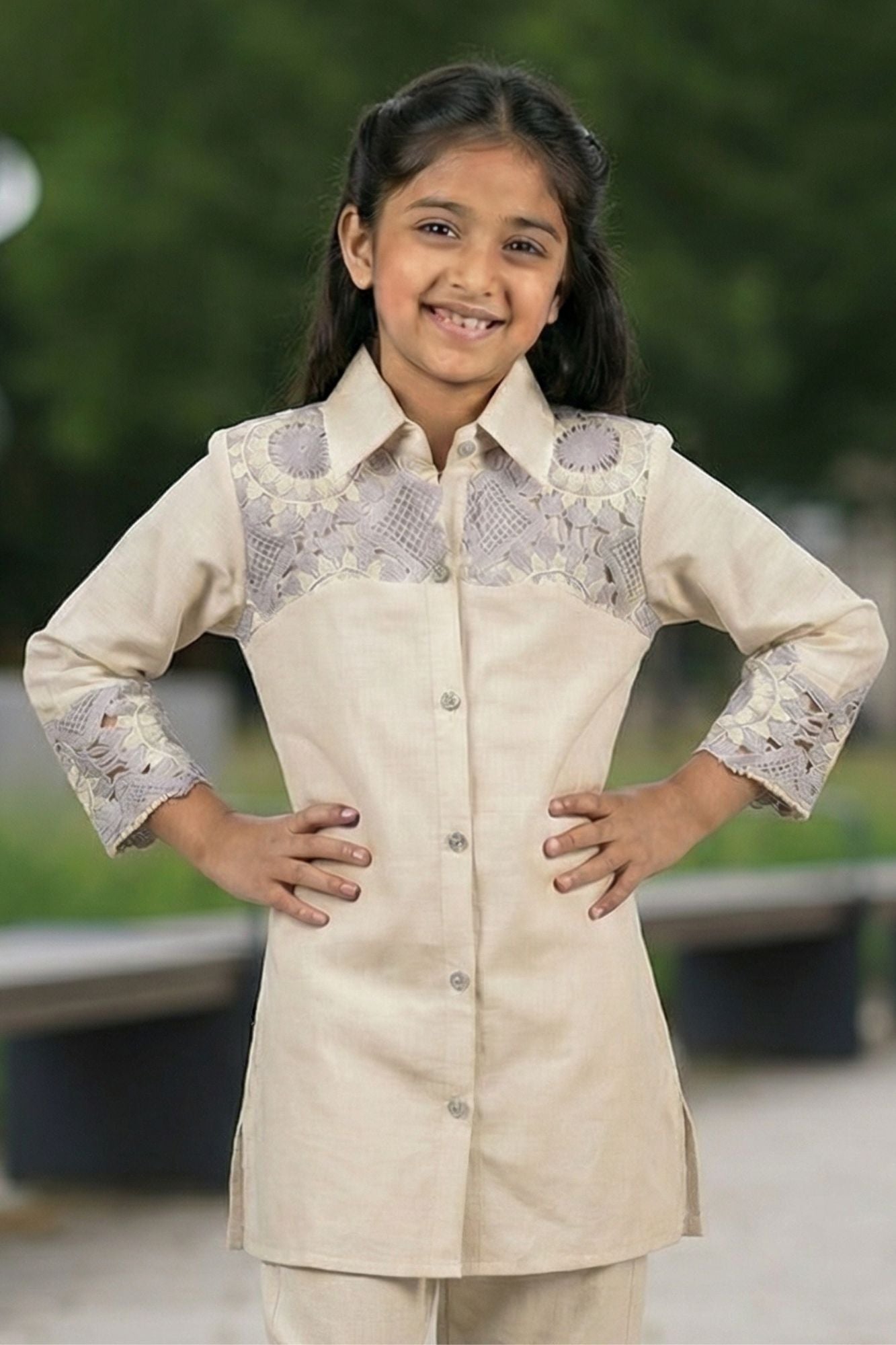 Cream Patchwork Casual Co-ord Set for Girls