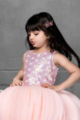 Elegant Peach Ballon Frock With Sequin Work For Girls