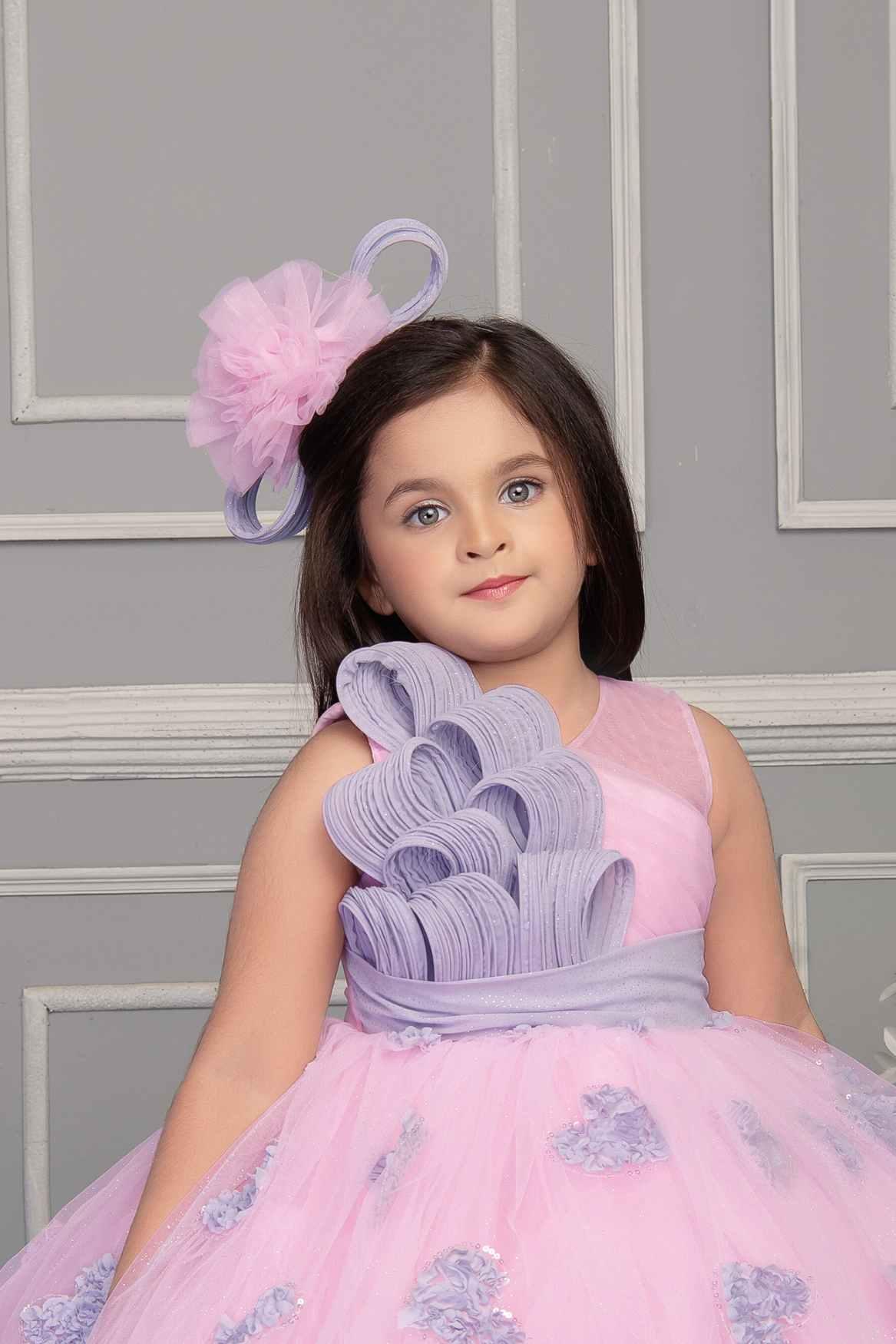 Pink Net Party Wear Frock Embellished With Grey Lace For Girls - Lagorii Kids