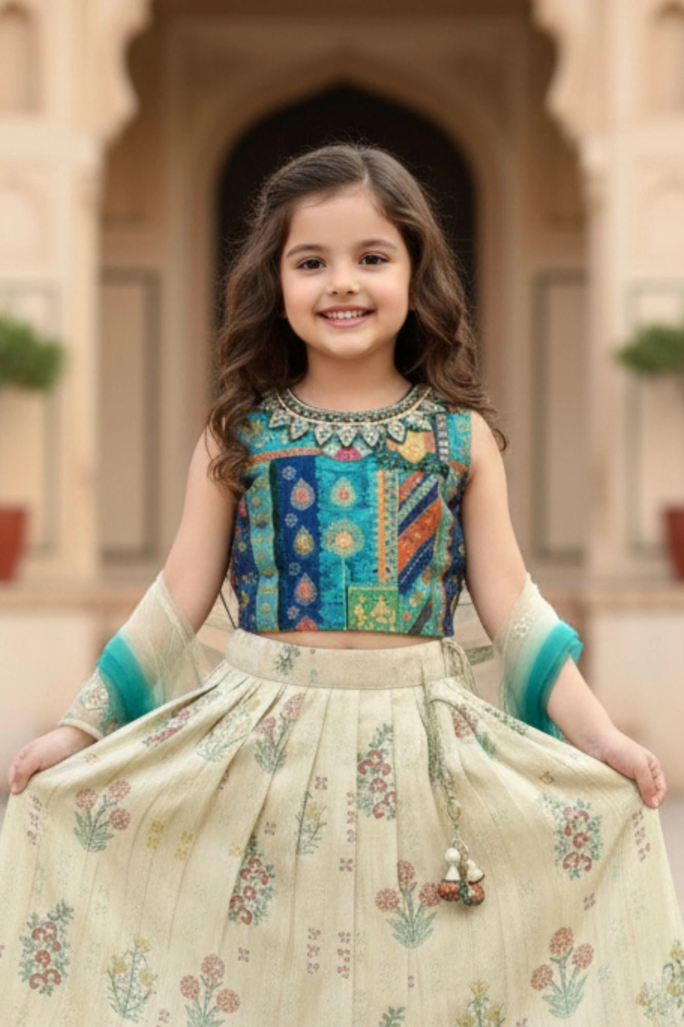 Cream And Blue Floral Print And Traditional Patchwork Lehenga Choli For Girls