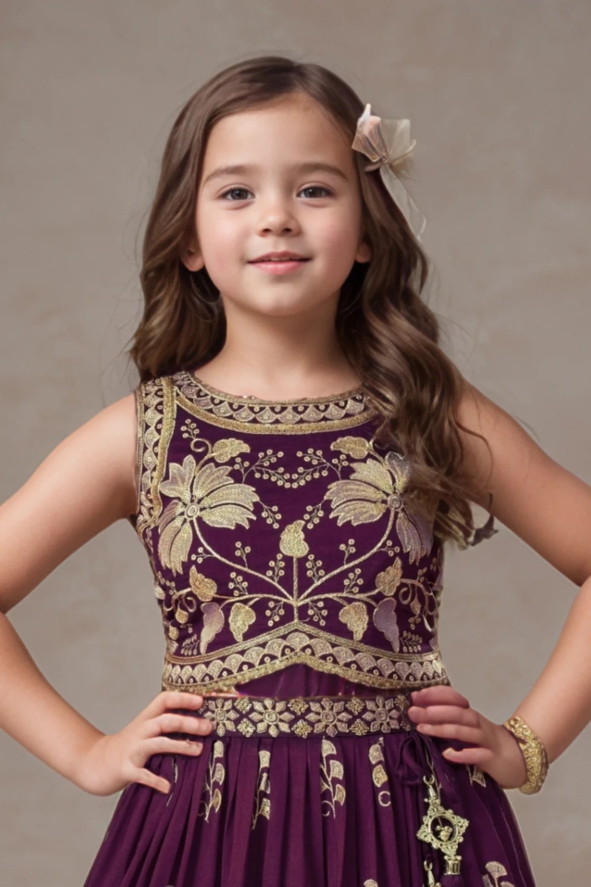Wine Sequin Work And Zari Embroidery Lehenga Choli Set For Girls