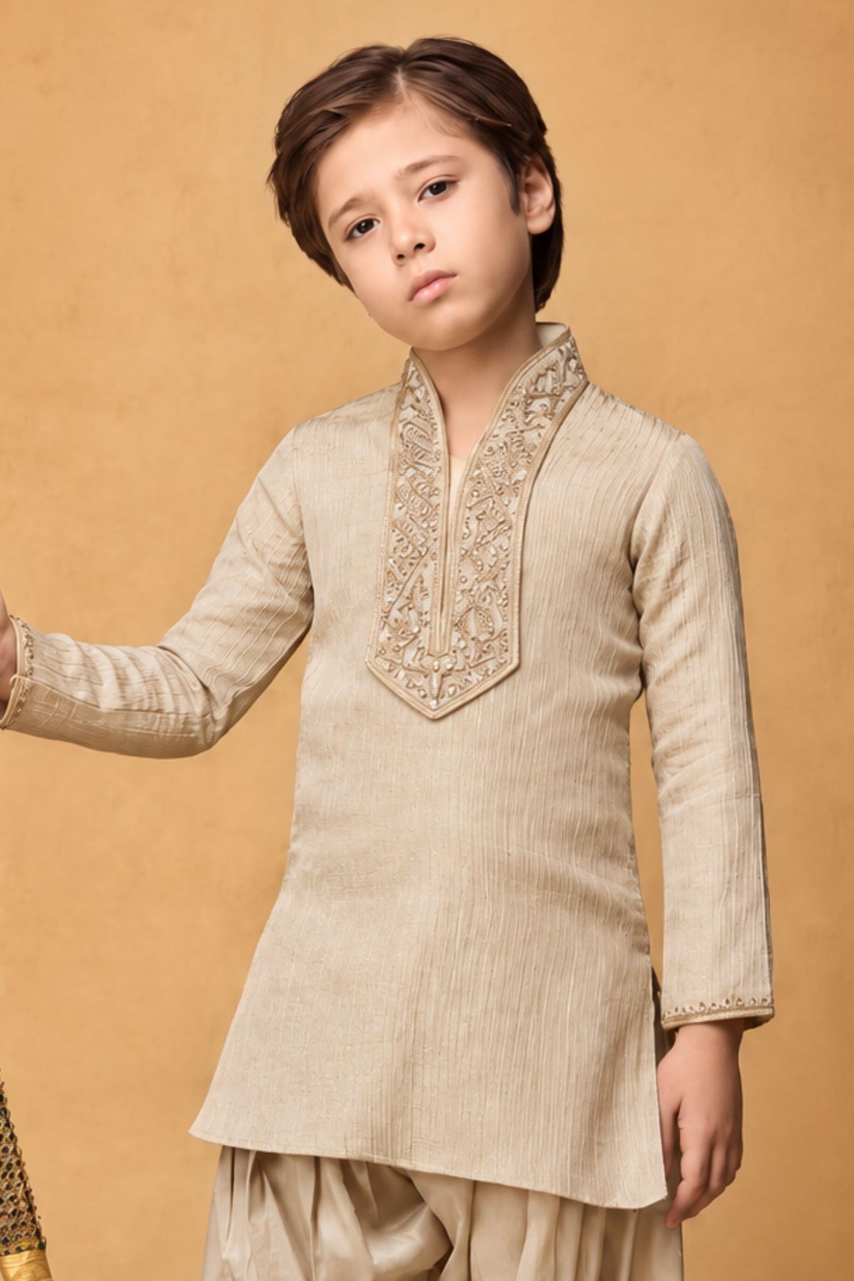 Boys Beige Zari Embroidered Kurta Dhoti Set