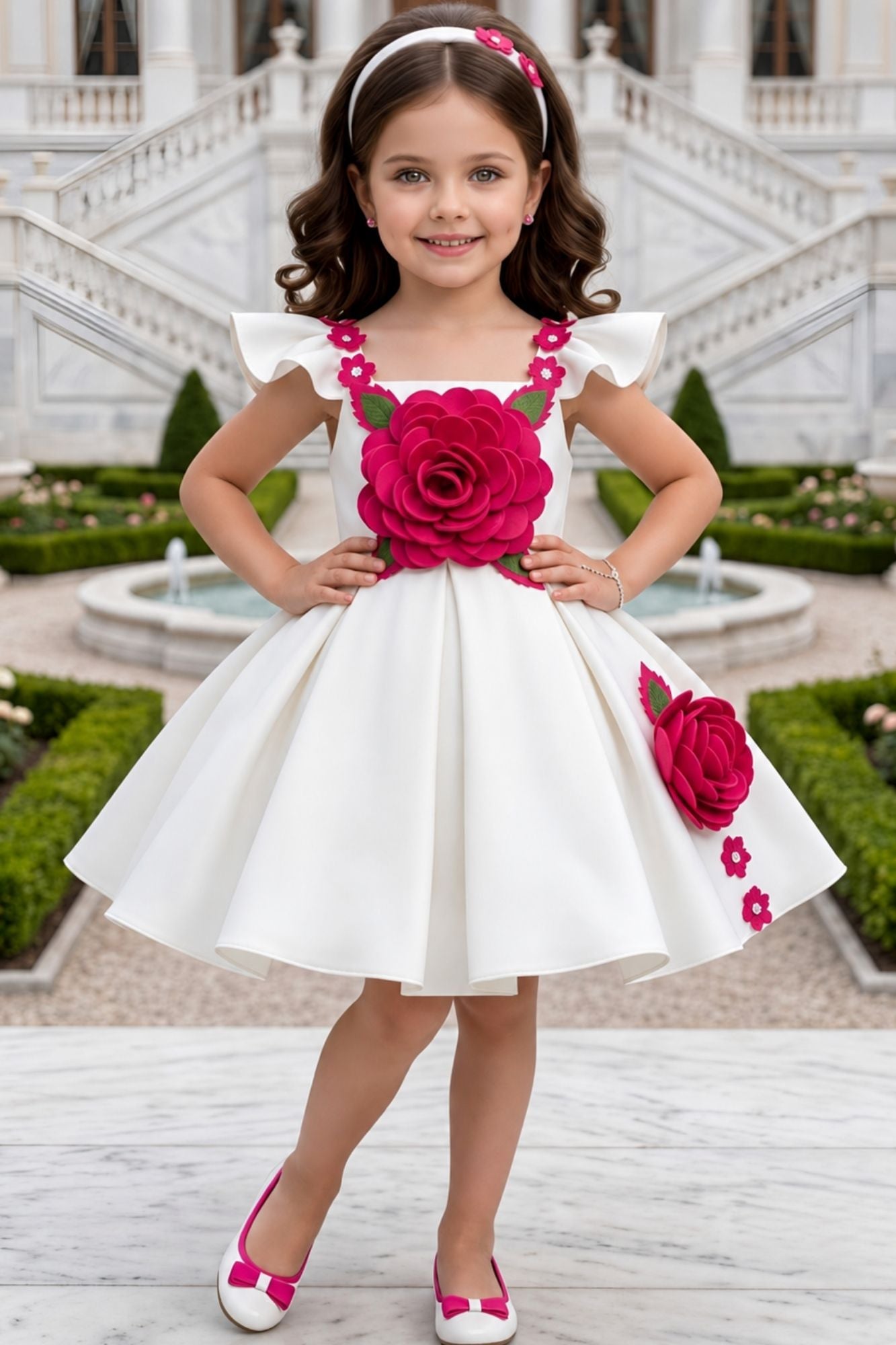 Girls White Party Wear Frock with 3D Rose Applique Detailing