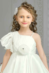 White Aysmmetric Sleeve Frock With Floral Embellished For Girls