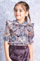 Wine Printed Top And Velvet Skirt Set For Girls