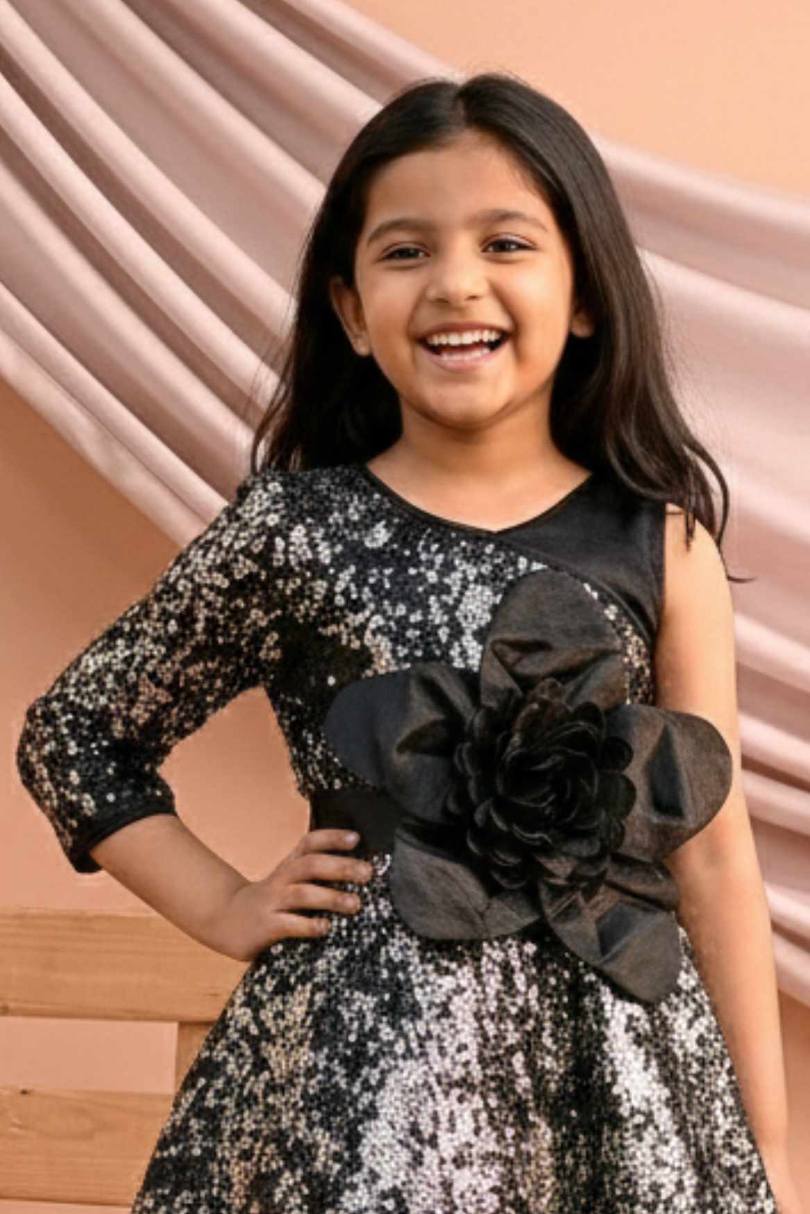 Black One-Shoulder Sequin Party Frock with 3D Floral Waist Applique For Girls