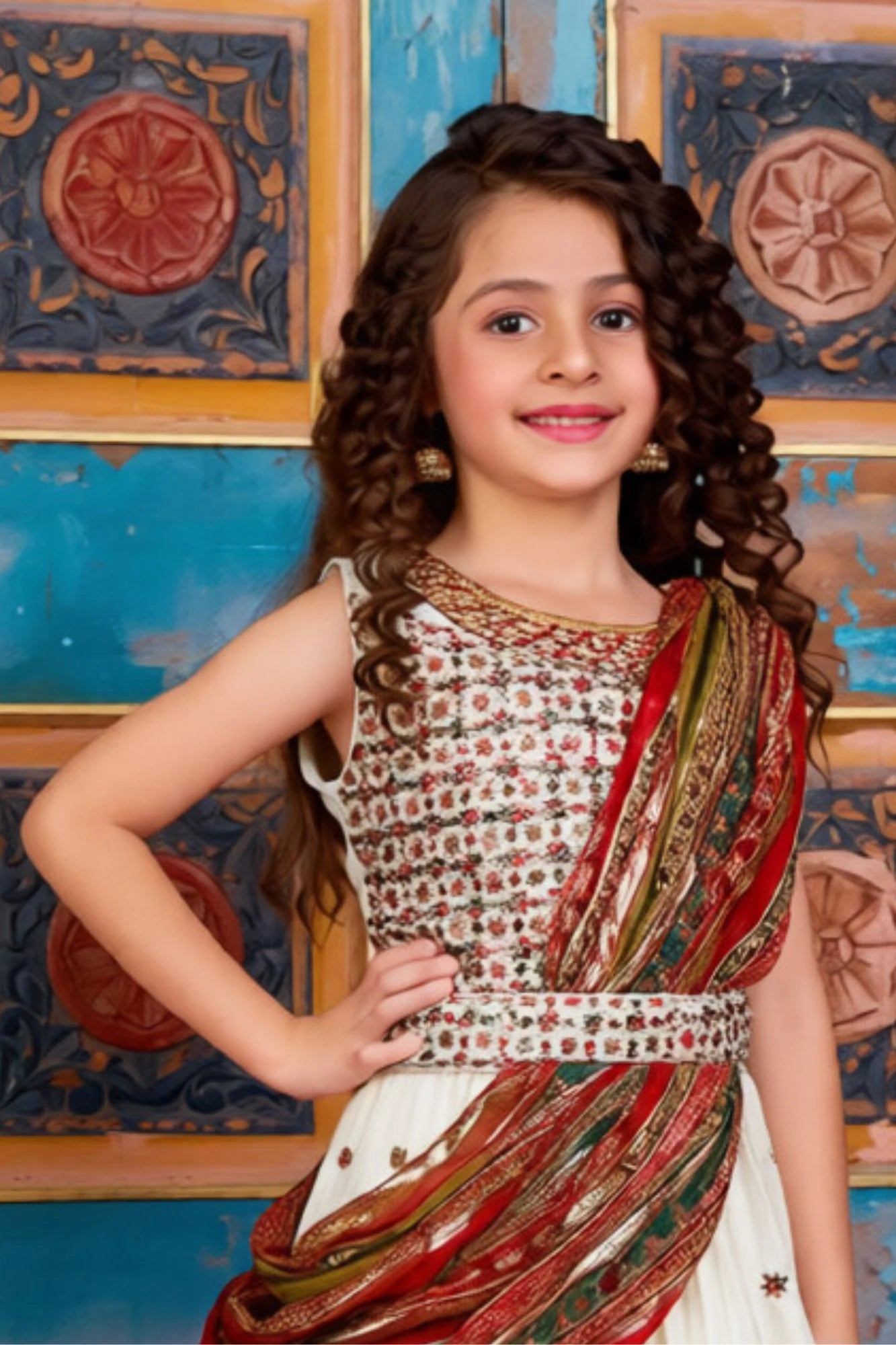 White Embroidered Lehenga Choli with Multicolor Floral Motifs For Girls