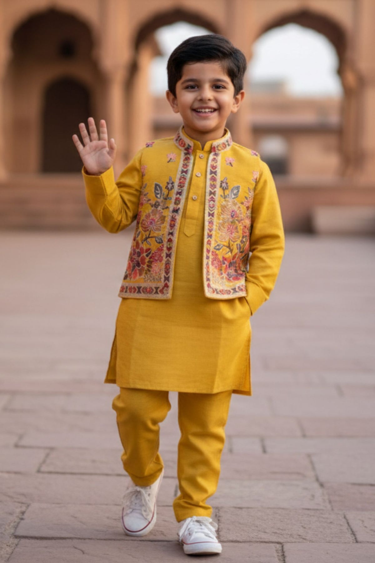 Yellow Embroidered Kurta Set with Nehru Jacket For Boys