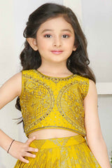 Yellow Sleeveless And Printed With Mirror Worked Lehenga Choli Set For Girls