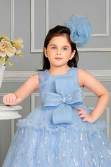 Blue Sequin Net Party Wear Gown Embellished With Bow For Girls