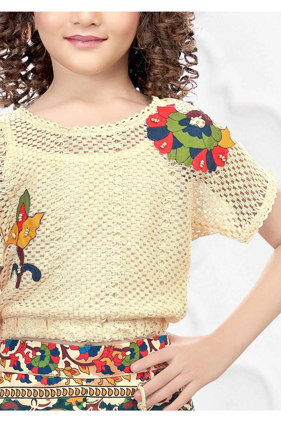 Cream Crochet Top With Multicolor Pants Set For Girls
