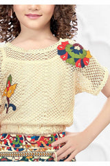Cream Crochet Top With Multicolor Pants Set For Girls