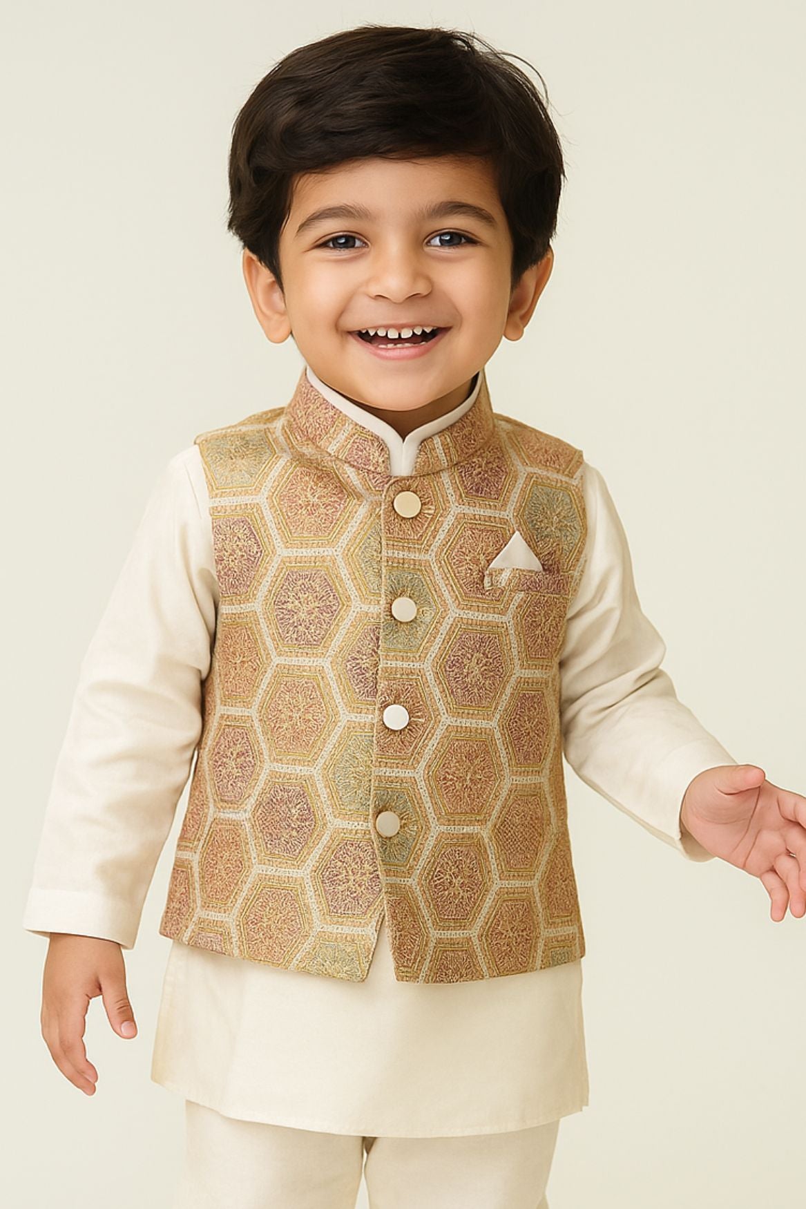 Cream Kurta Set With Hexagonal Brocade Waist Coat For Boys