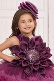 Wine Tailback Frock With Floral Embellishments For Girls