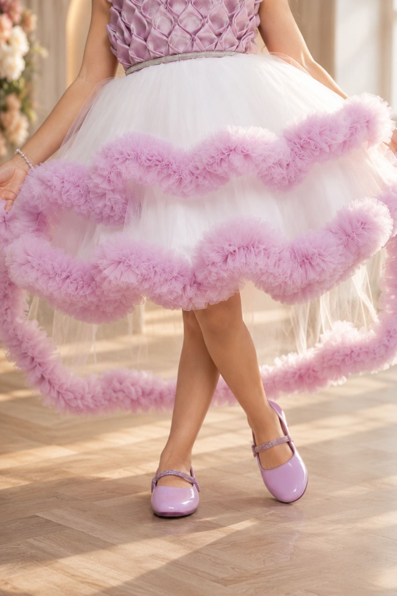 Onion Pink High-Low Party Wear Tulle Frock with Ruffle Layers For Girls