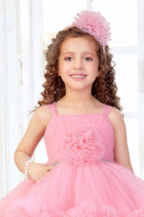 Peach Net Tailback Floral Embellishment Frock With Hairband For Girls