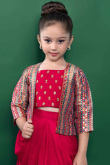 Red Sequin Top And Dhoti Bottom Set With Brocade Overcoat For Girls