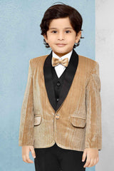 Classic Fawn Four Pc Suit With White Shirt And Bow Coat Set For Boys