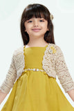 Mustard Frock With 3/4th Sleeves Crochet Overcoat For Girls