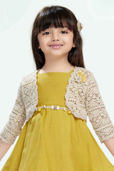 Mustard Frock With 3/4th Sleeves Crochet Overcoat For Girls