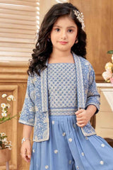 Stylish Blue Embroidered And Sequin Palazzo Set With Overcoat For Girls