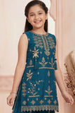 Teal Blue Zari Embroidered Kurti Palazzo Set For Girls
