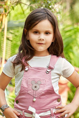 Pink Stylish Dungaree Set With White T-Shirt For Girls