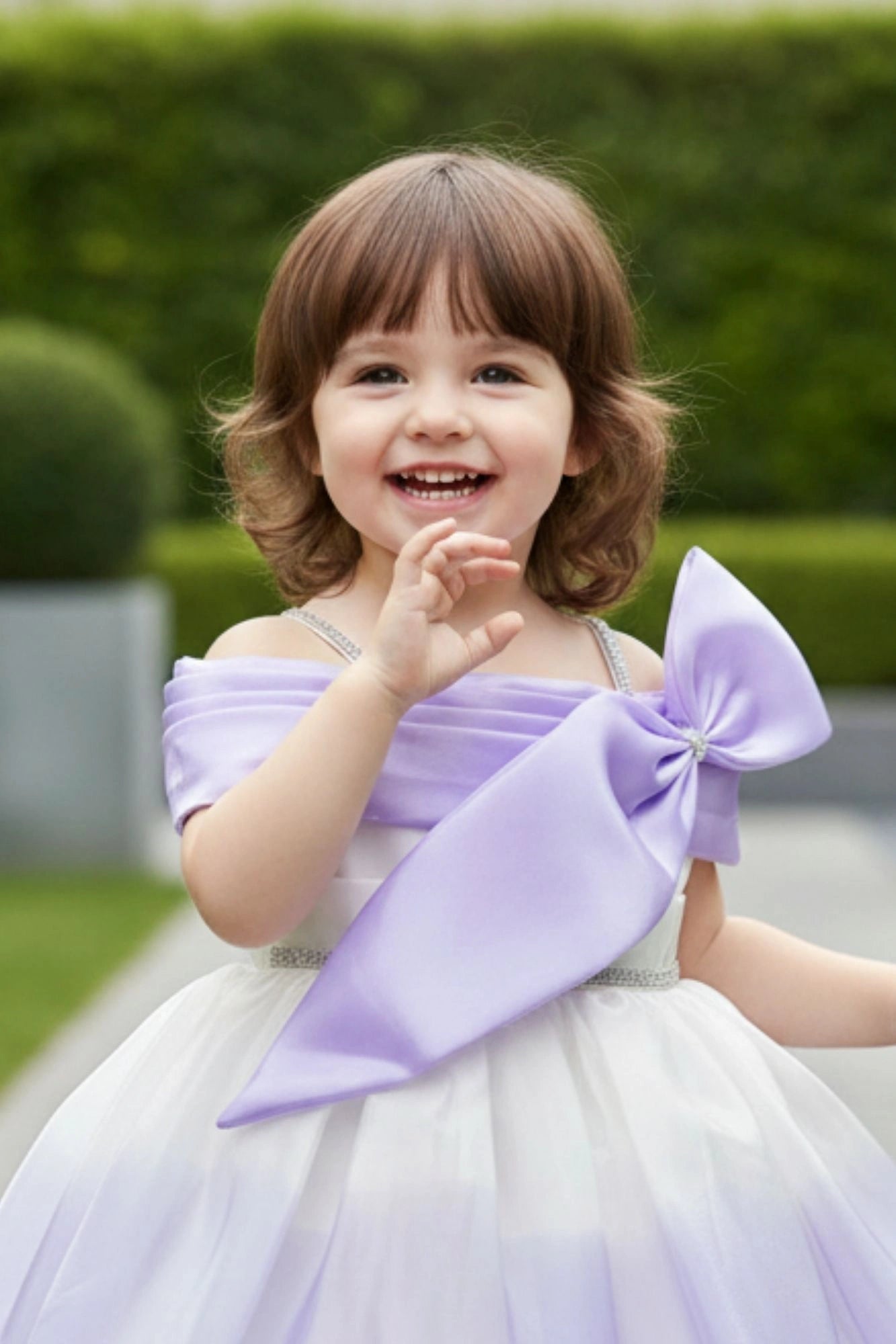 Lavender & White Ombre Party Wear Frock With One-Shoulder Bow Design For Girls