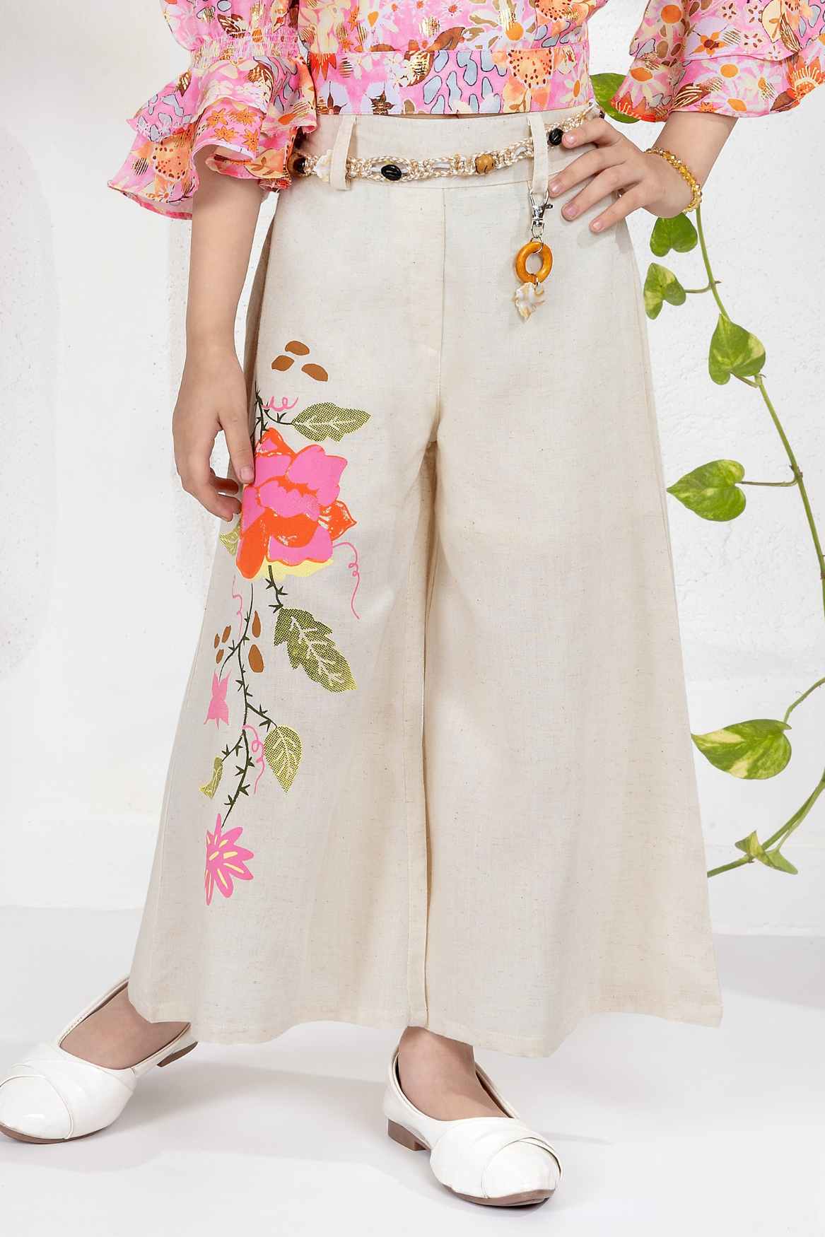 Pink Floral Printed Top And Cream Wide-Leg Pants Set For Girls