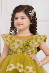 Mustard Tailback Frock With Sequins Work And Floral Embellishment For Girls