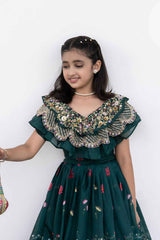 Green Sequins Embroidered With Floral Printed Lehenga Choli For Girls