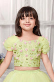 Pista Green Ruffled Bead Work And Floral Embellished Skirt Set For Girls