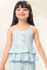 Blue And White Striped Sleeveless Layered Top And Pant Set For Girls