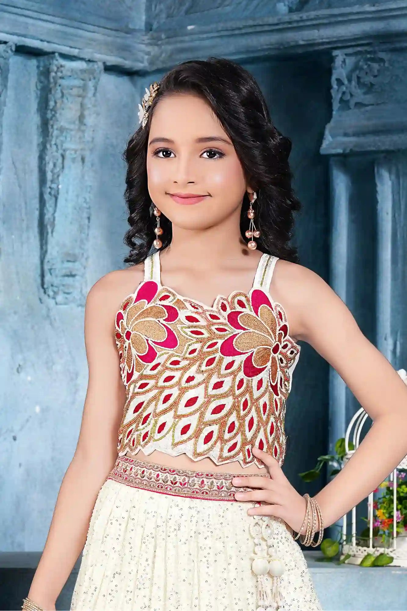 Ivory Embroidered Lehenga Choli with Tassels For Girls