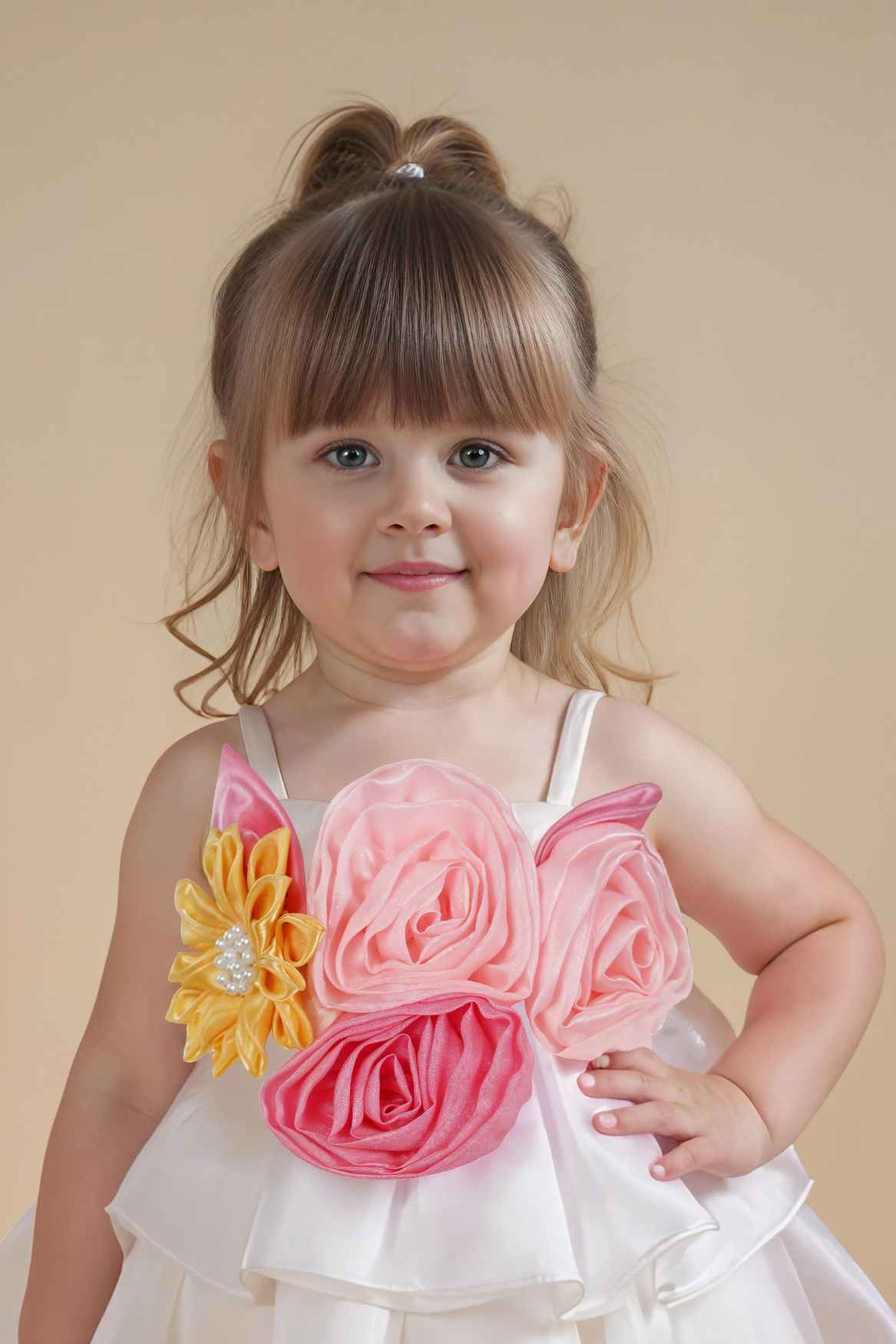 White Organza Party Frock With Oversized Floral Appliqué for Girls