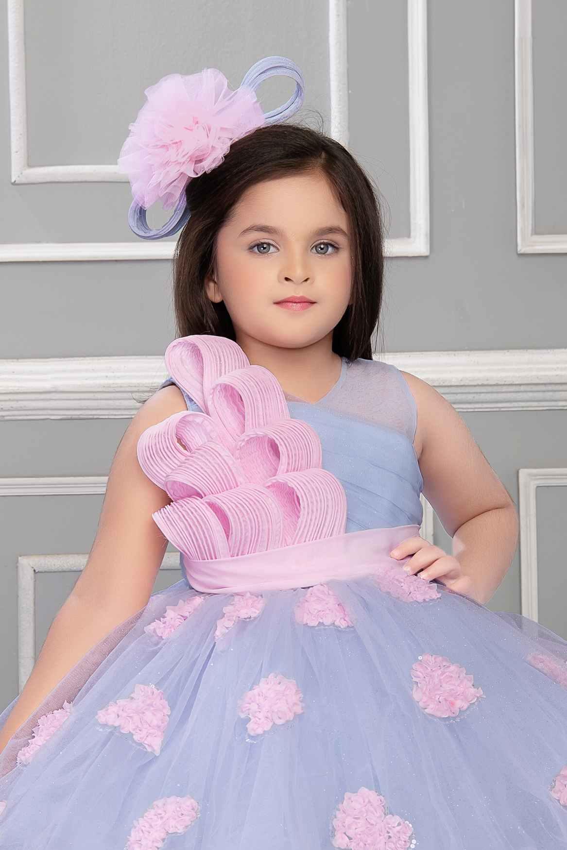Blue Net Party Wear Frock Embellished With Grey Lace For Girls - Lagorii Kids