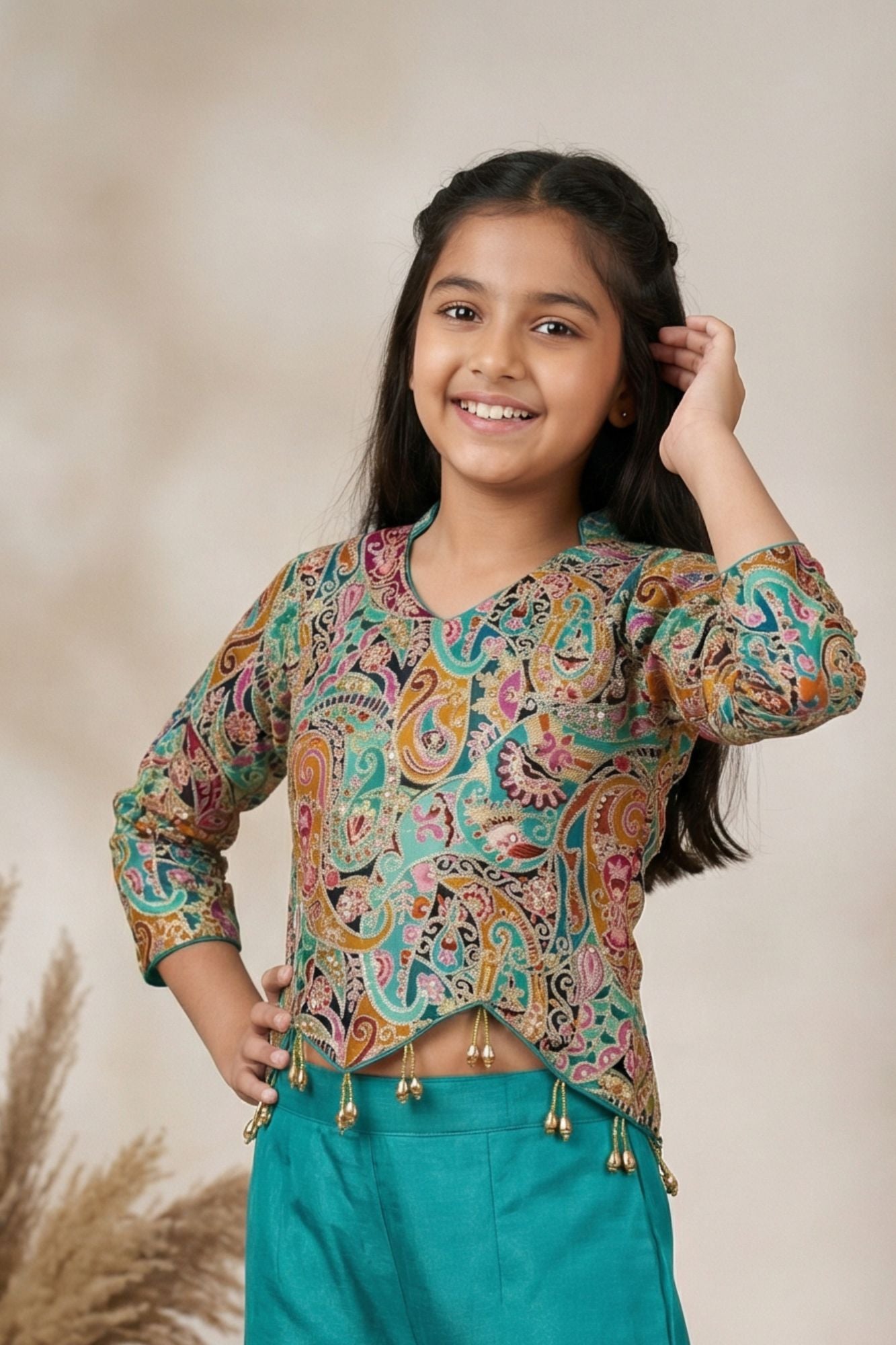 Rama Green Palazzo Set with Multicolor Paisley Embroidered Top For Girls