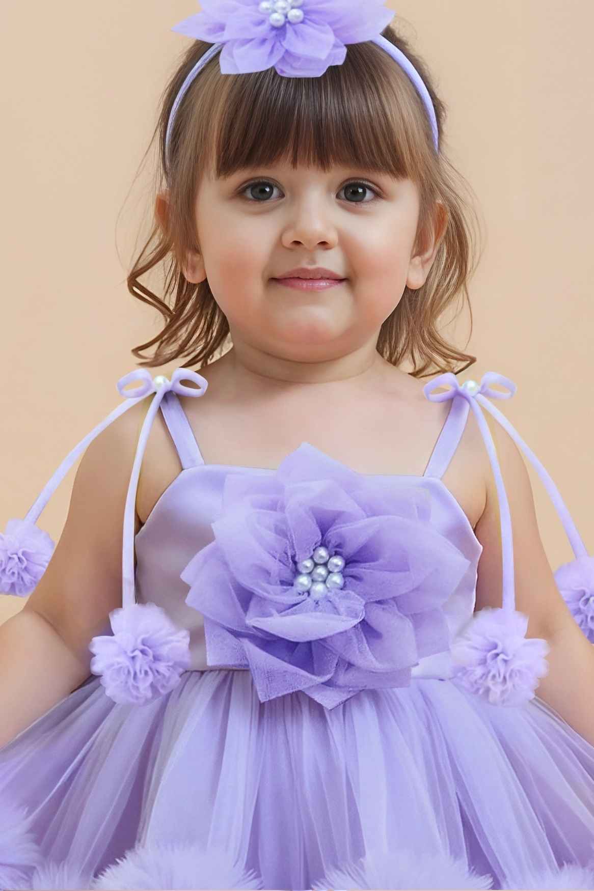 Lilac Ruffle Frock With Floral Embellished For Girls