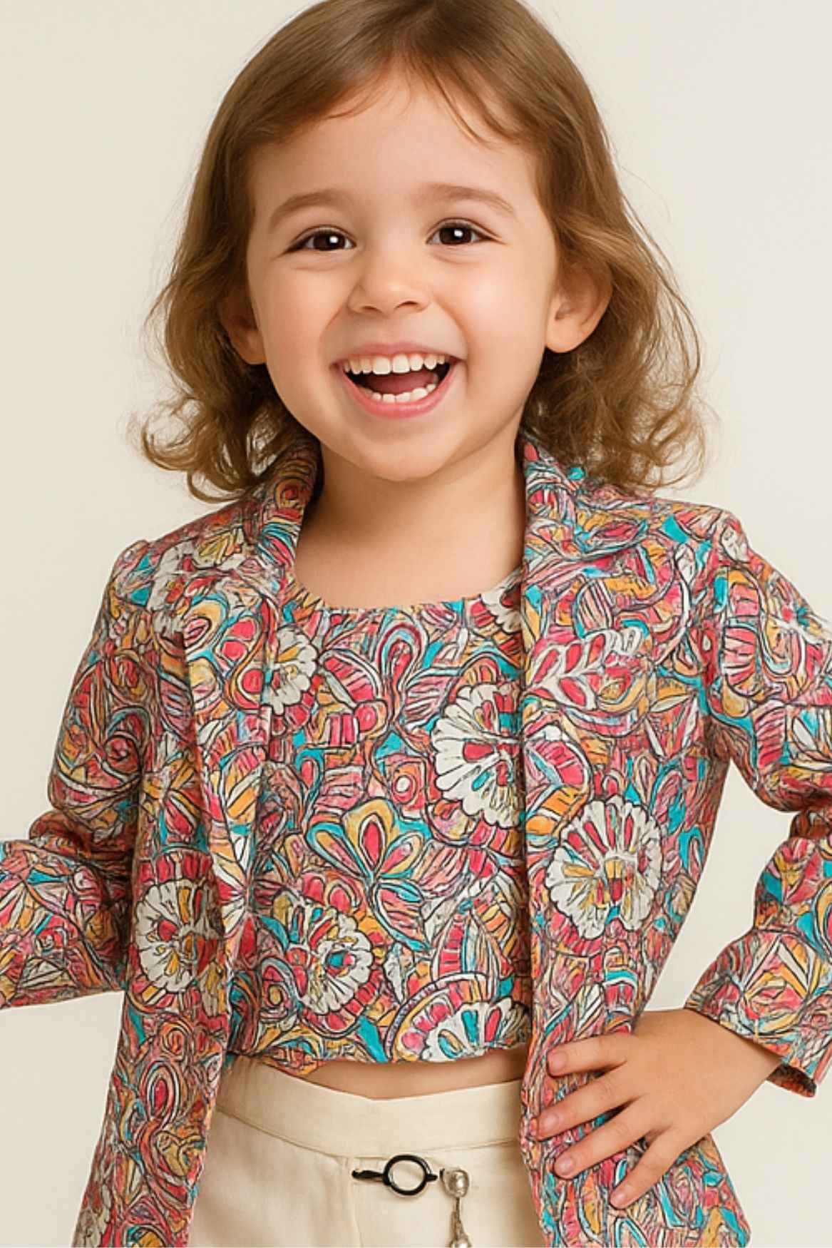 Multicolor Floral Printed Blazer And Crop Top Set with Flared Trousers For Girls