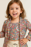 Multicolor Floral Printed Blazer And Crop Top Set with Flared Trousers For Girls