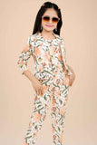 Trendy Mint Green And Cream Floral Printed Co Ord Set With Overcoat For Girls