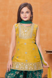 Mustard Sleeveless Kurti with Foil-Print Green Patiala And Dupatta For Girls