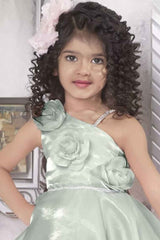 Green Organza Frock With Floral Embellished For Girls