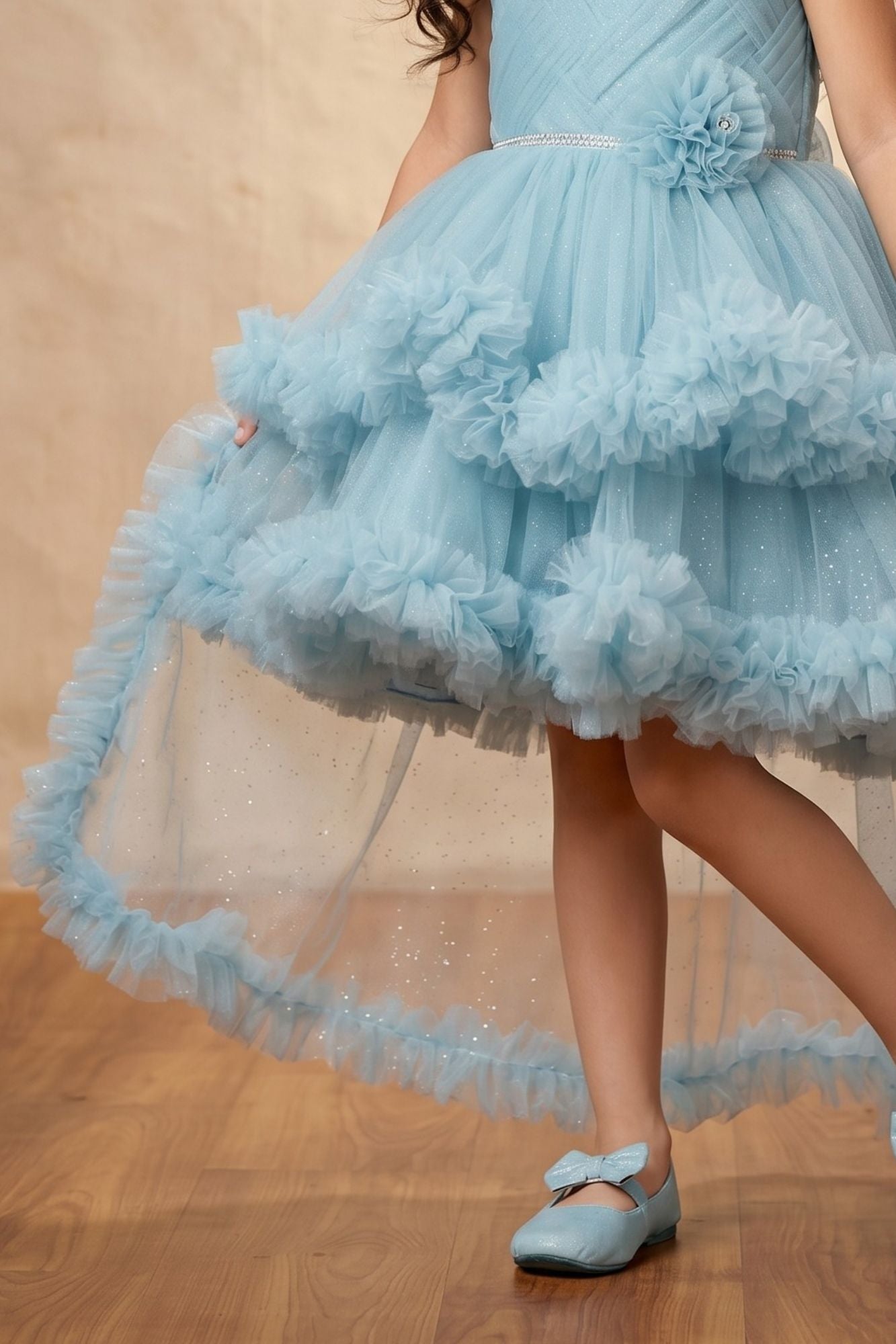 Blue Sleeveless Stone Work And Floral Embellished Tail Back Frock For Girls