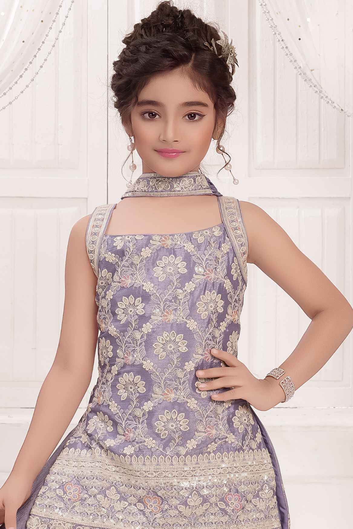 Lavender Sequins Embroidered Palazzo Set With Dupatta For Girls